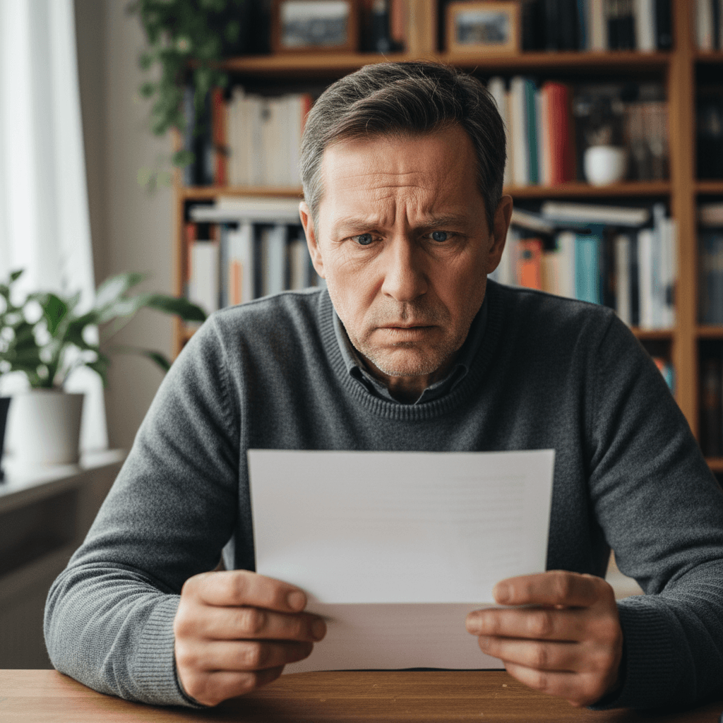 Mann hält besorgt einen Inkasso-Brief in der Hand