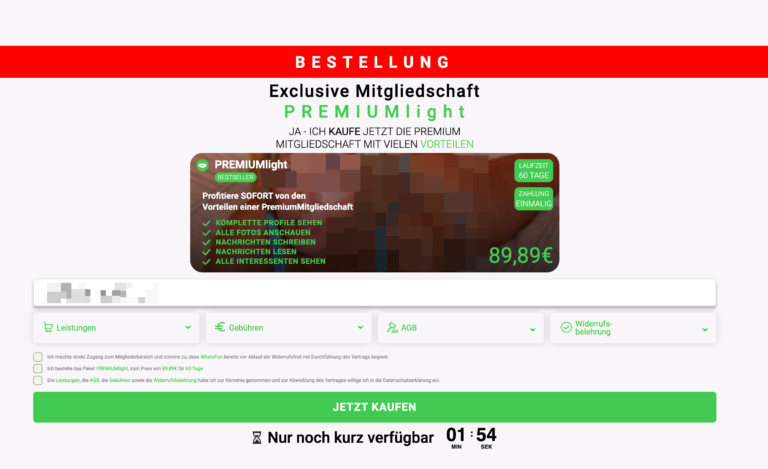 Fake Timer auf whatsfun.date — Bestellseite mit ablaufendem Timer