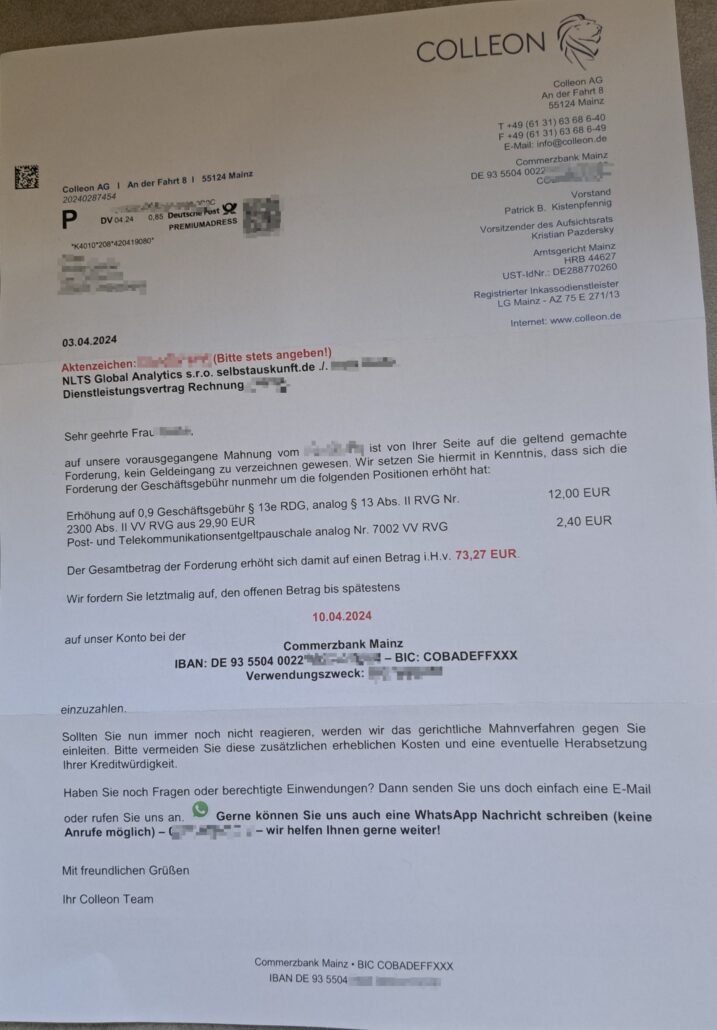 Mahnung der Colleon AG für selbstauskunft.de