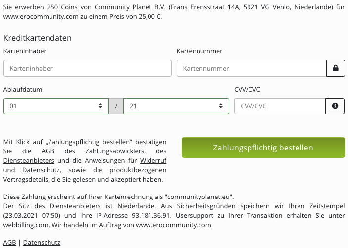 Screenshot der Bezahlseite bei erocommunity.com