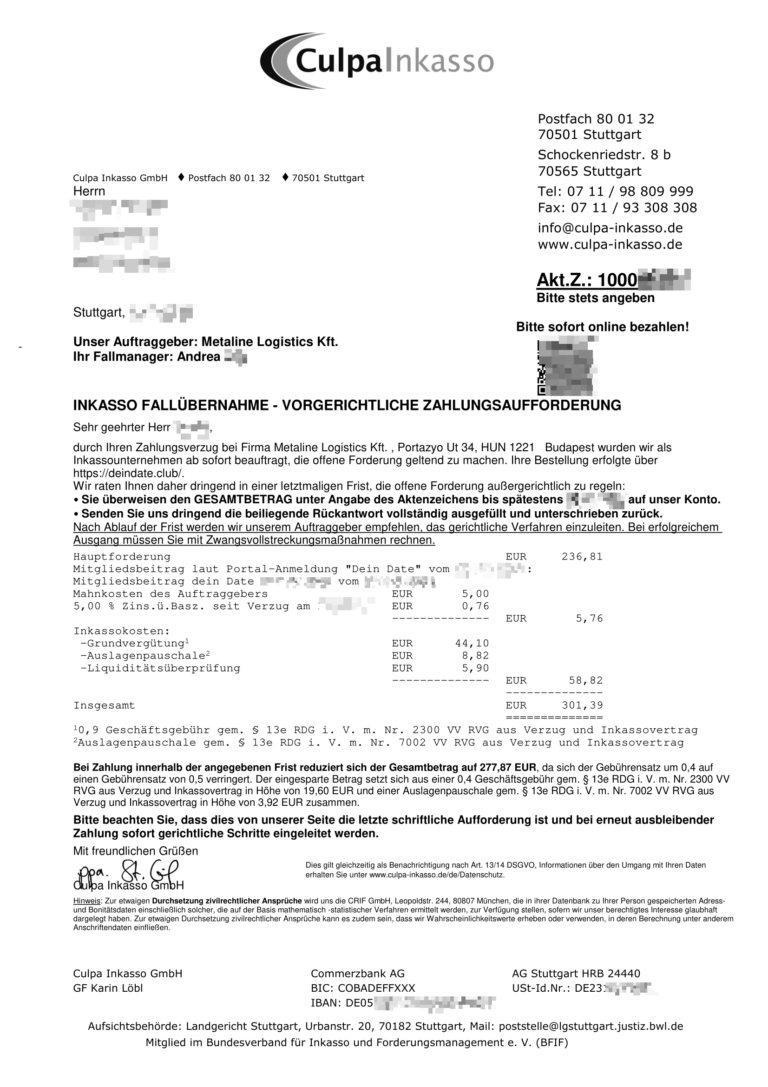 Vorgerichtliche Zahlungsaufforderung Culpa Inkasso Metaline Logistics KFT