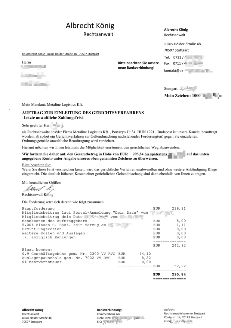 Zahlungsaufforderung Rechtsanwalt Albrecht König Metaline Logistics KFT