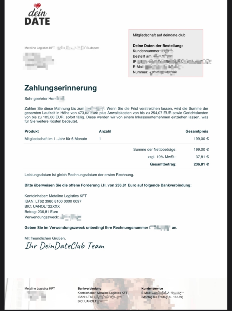 Zahlungsaufforderung DeinDate.club