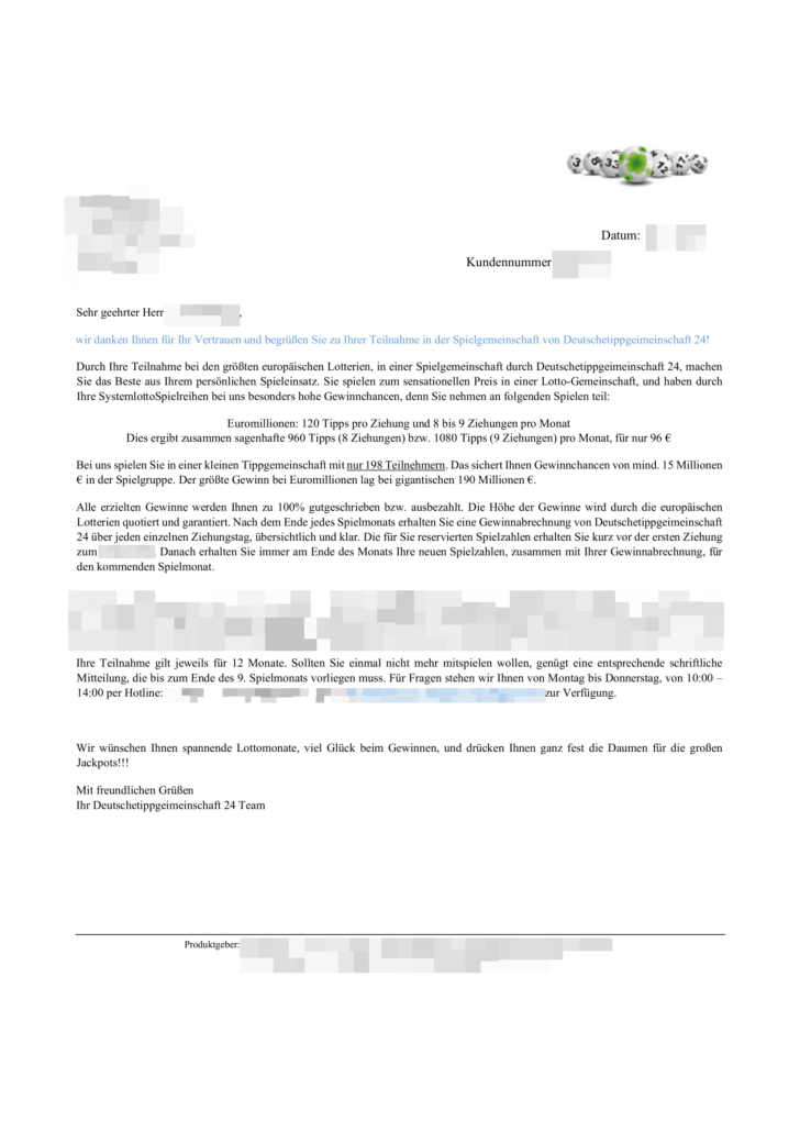 Begrüßungsschreiben der Deutschetippgemeinschaft 24 mit Teilnahmebestätigung an einer Spielgemeinschaft und Angabe eines monatlichen Beitrags von 96 Euro