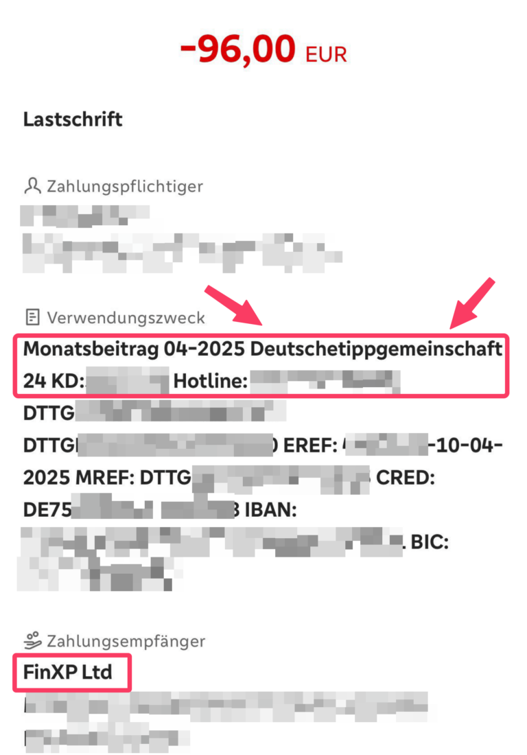 Abbuchung über 96 Euro von Deutschetippgemeinschaft 24 im Kontoauszug, ausgeführt durch Zahlungsdienstleister FinXP Ltd