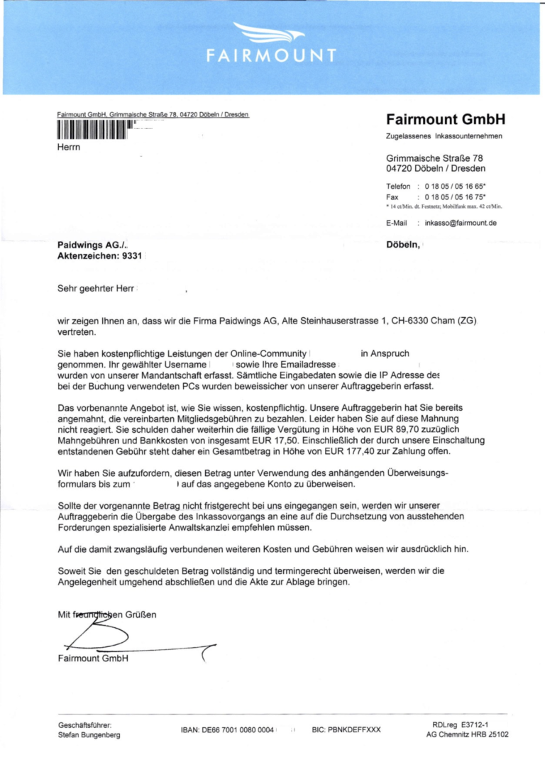 Beispiel einer Mahnung der Fairmount GmbH wegen einer Datingseite