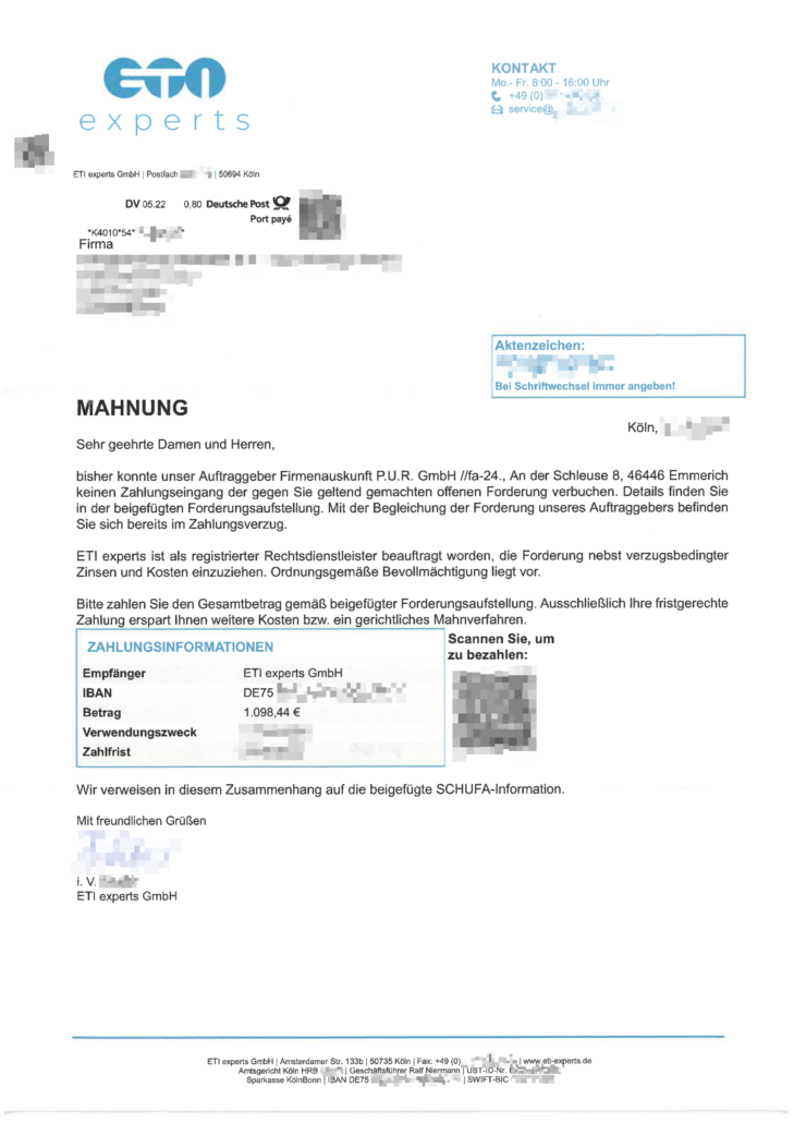 Mahnung ETI Experts GmbH für PUR Firmenauskunft24
