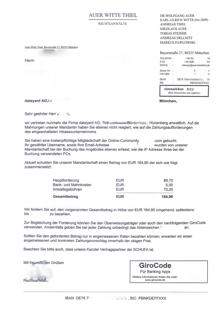 Beispiel einer Zahlungsaufforderung von Auer Witte Thiel