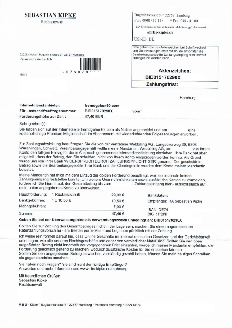 Beispiel einer Mahnung von Rechtsanwalt Sebastian Kipke