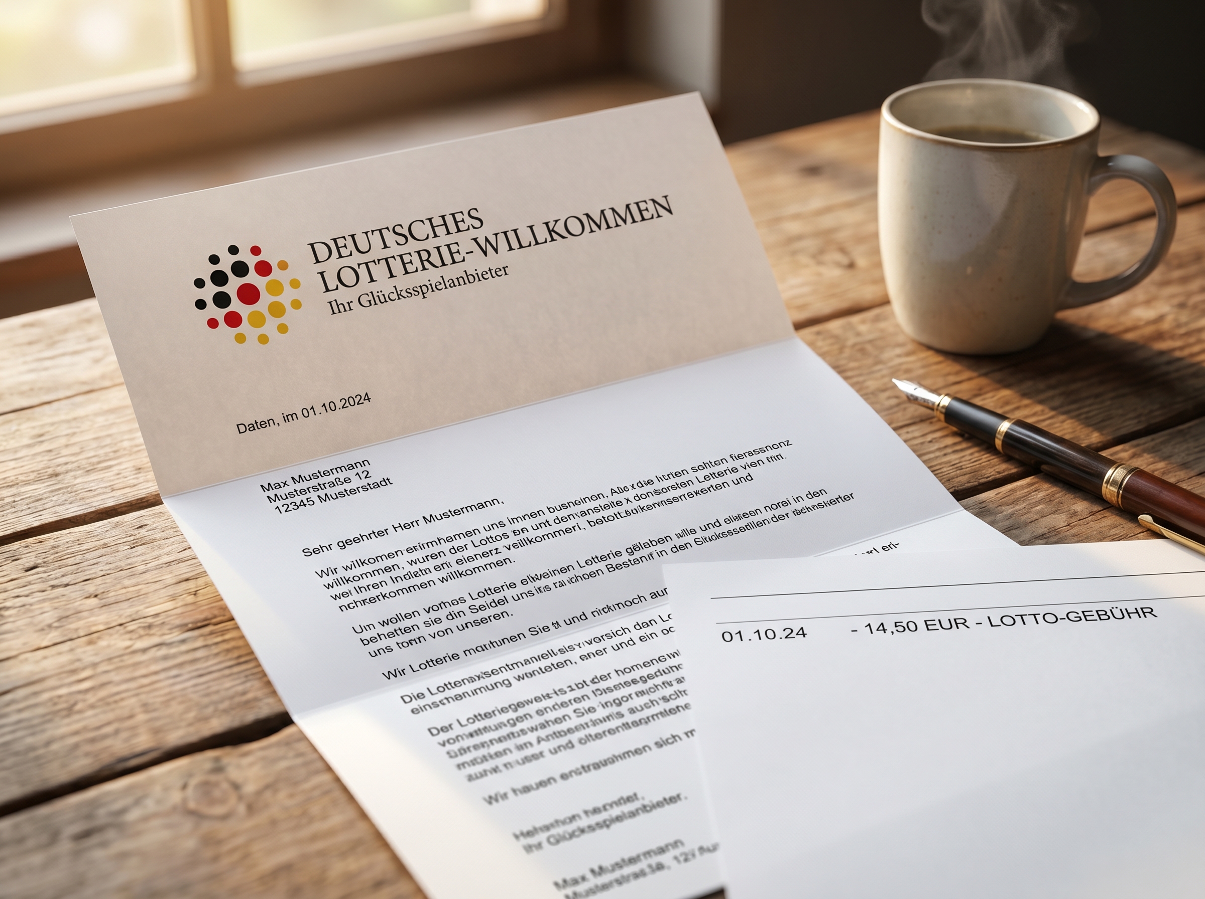 Premium Lotto Deutschland Begrüßungsschreiben mit Kontoauszug auf einem Schreibtisch