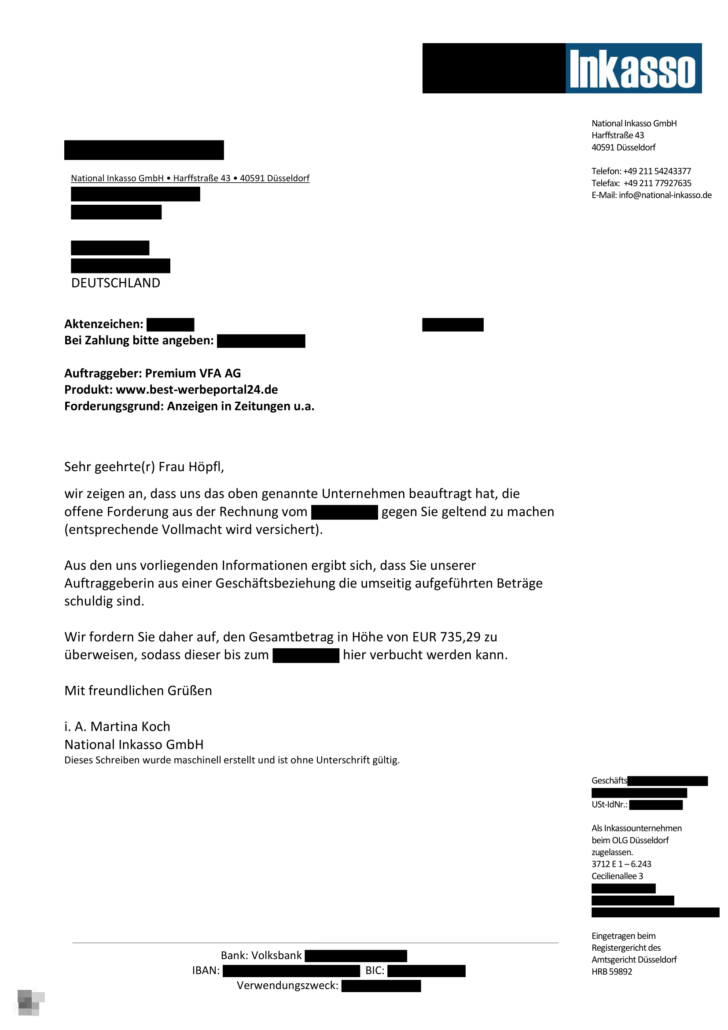 Mahnung der National Inkasso GmbH wegen Premium VFA AG