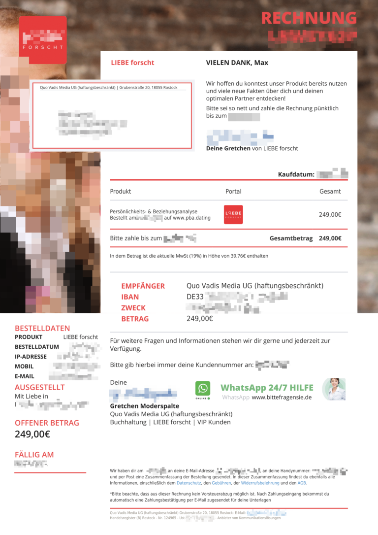 Typische Rechnung der Sunny Side Media EOOD für LIEBE forscht